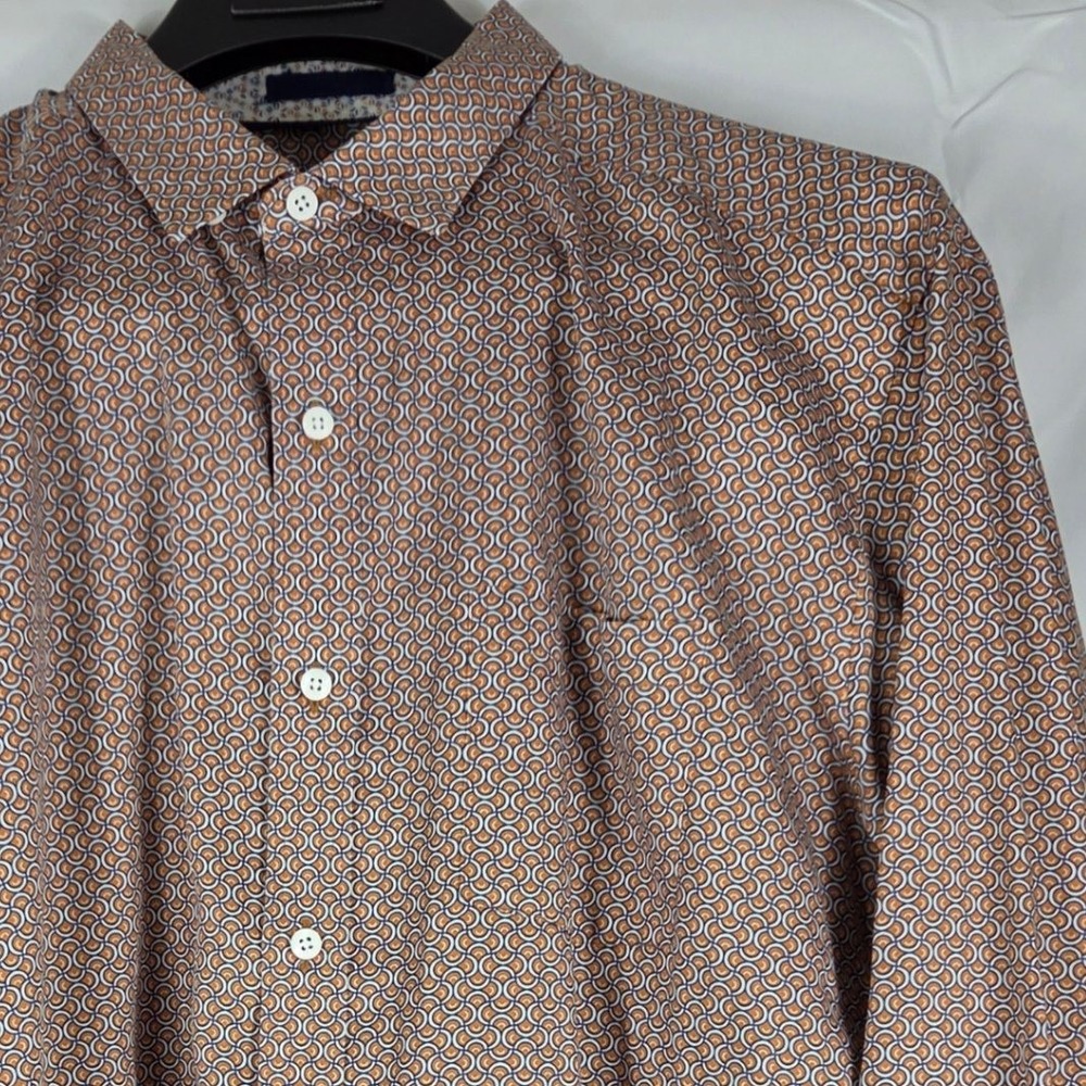 Johnston & Murphy Mens XL Orange Blue Geometric Scallop Print Cotton Button Down